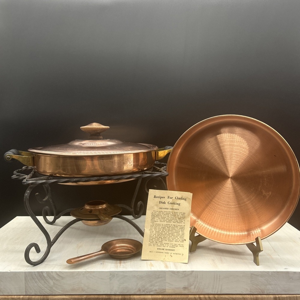 Vintage Copper Chafing Dish Wrought Iron Stand And Accessories Italy, 1971